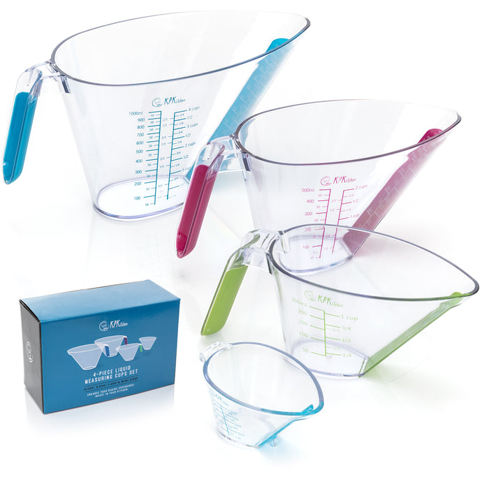 4-Piece Angled Liquid Measuring Cups Set - Mini Oz, 1, 2 and 4 Plastic Measuring Cup Sizes - KPKitchen