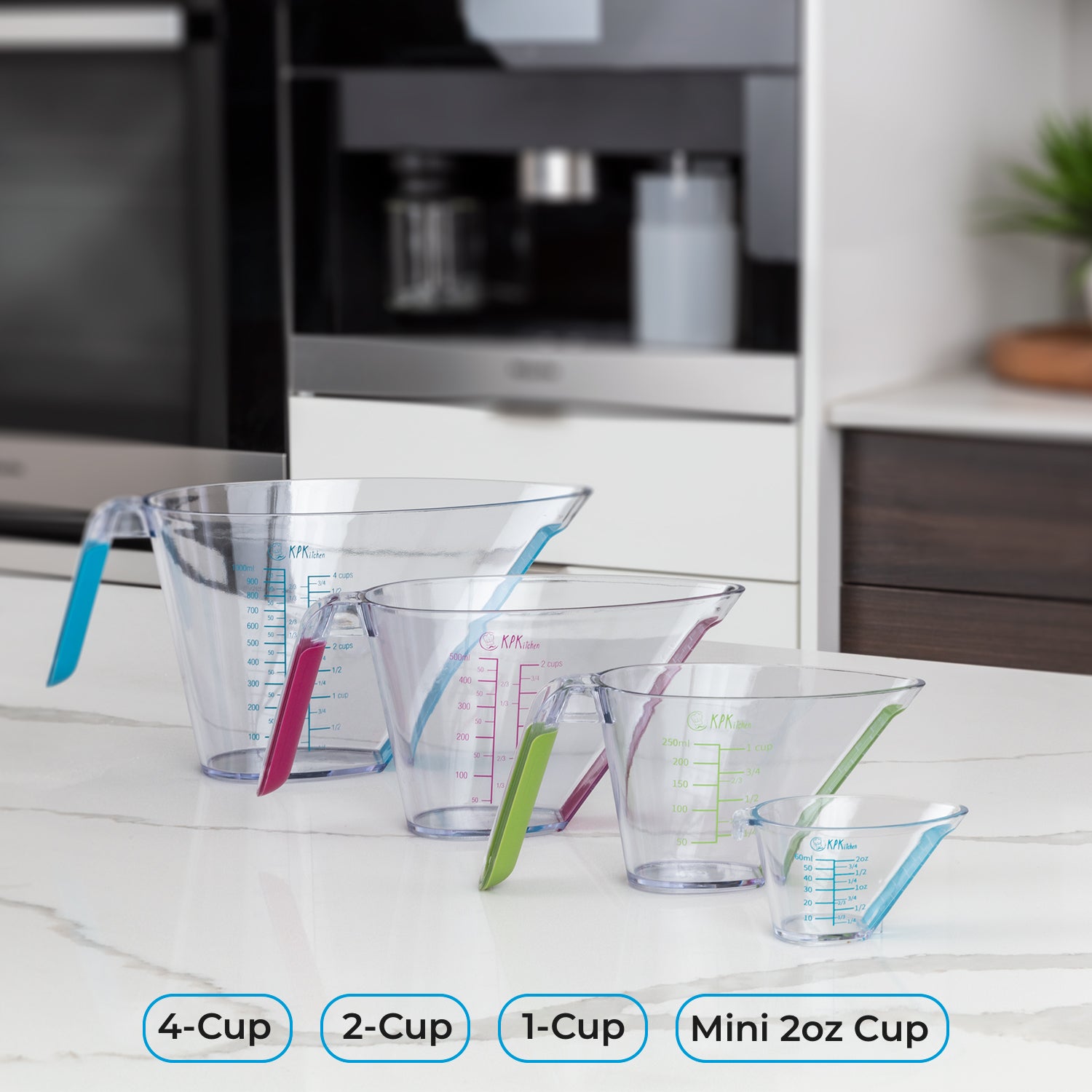 4-Piece Angled Liquid Measuring Cups Plastic Set - Mini oz, 1, 2 and 4 Plastic Measuring Cup Sizes - Plastic Measuring Cups for Liquids with ml & Cups
