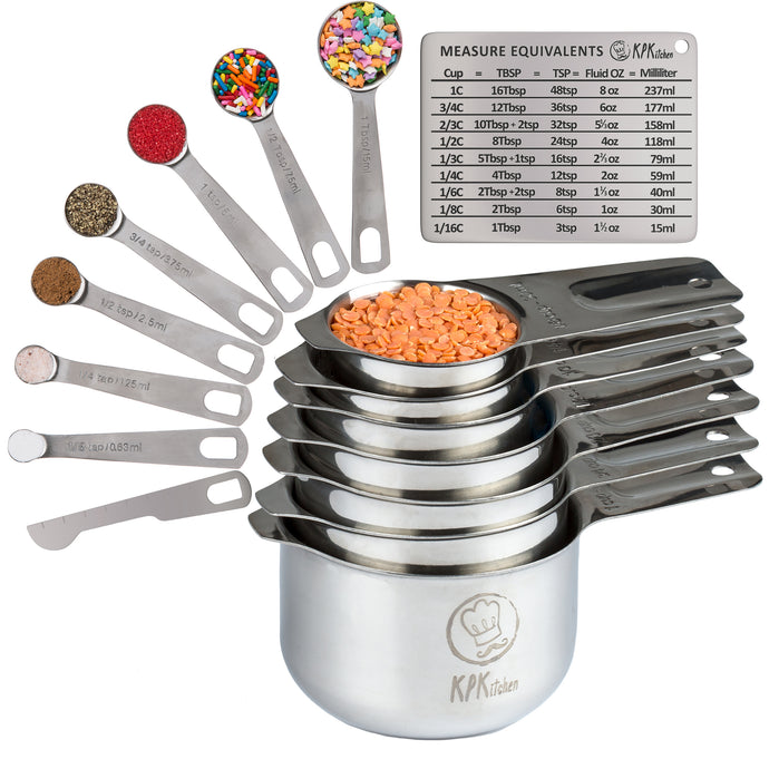 Stainless Steel Measuring Cups and Spoons Set of 16 - 7 Cups & 7 Spoons + Conversion Chart + Leveler - KPKitchen