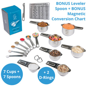 Stainless Steel Measuring Cups and Spoons Set of 16 - 7 Cups & 7 Spoons + Conversion Chart + Leveler - KPKitchen